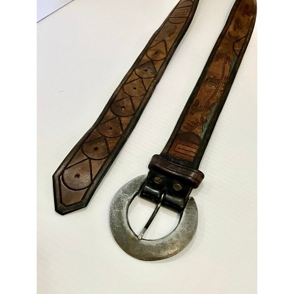 Vintage 70s Leather Belt Tooled Painted Egyptian Symbols Sz 34 Artisan Engraved - Picture 3 of 8